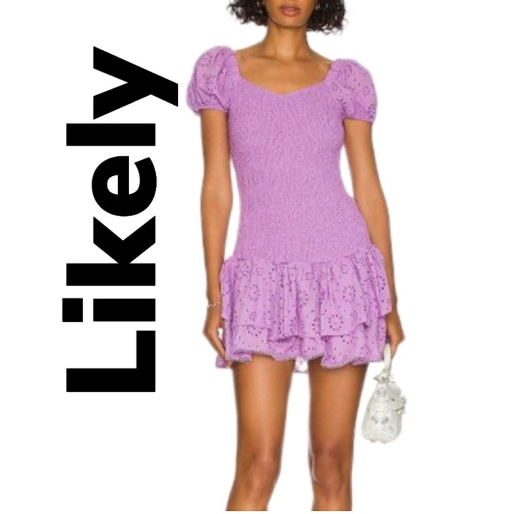 Likely NEW Tayaisha Smocked Cotton Eyelet Violet Mini Dress Sz 8